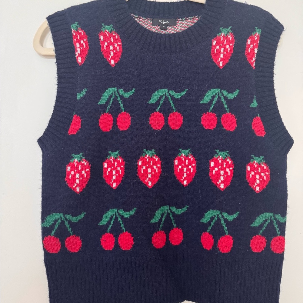 Rails Navy Sweater with Red and Green Fruit Pattern